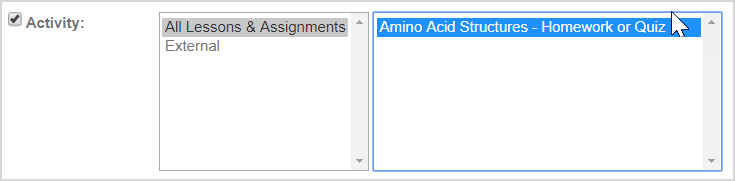 The Activity checkbox is selected, and the name of an activity is highlighted by the cursor.